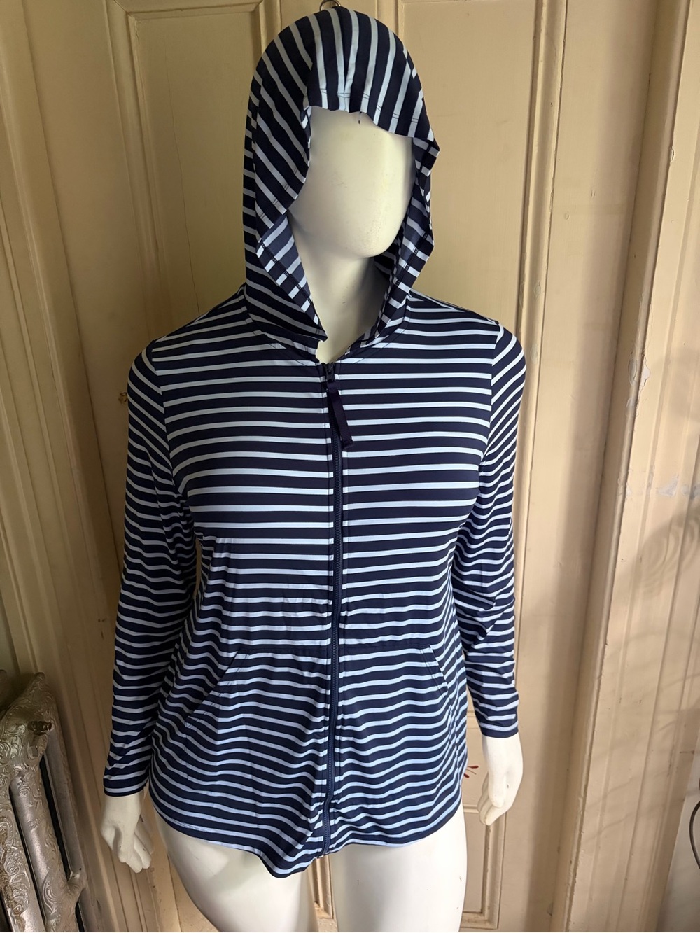 Lands' End Navy and White Striped Hooded Rash Guard - Picture 2 of 5